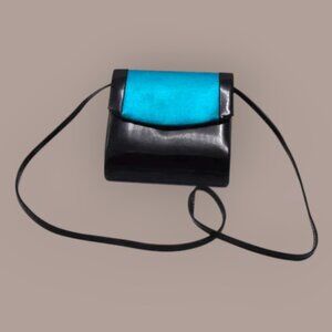 Vintage Mini Crossbody Purse Aqua Black Bag Faux Patent Leather Look